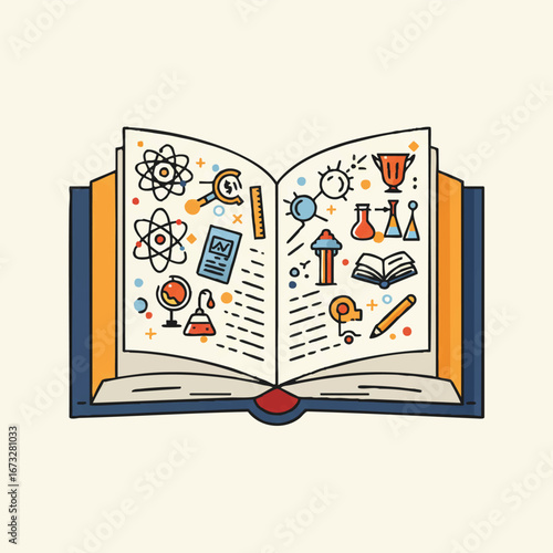 An open book illustration showcasing various science-related icons and symbols, representing knowledge and learning.