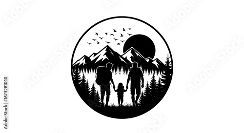 Cherish family adventures hiking through majestic mountains under a vast sky with soaring birds and a radiant sun