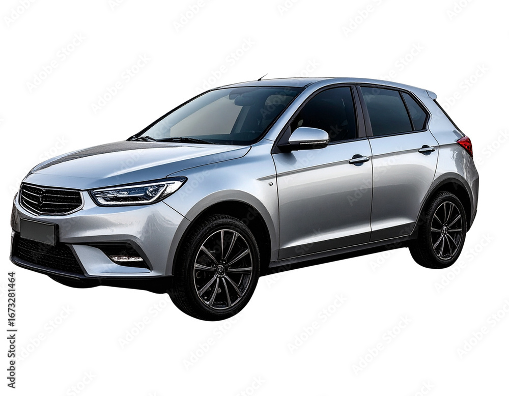 Naklejka premium Modern Silver Hatchback Car Side View, isolated on transparent background PNG