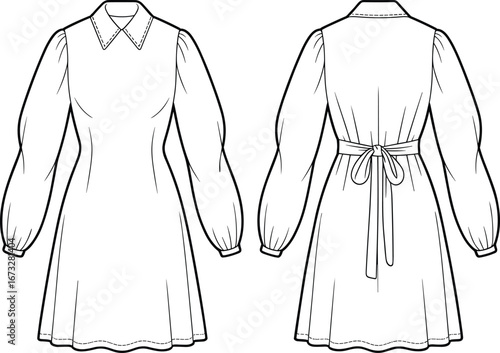Classic women's dress technical fashion illustration, front and back view, long sleeve collared bodice with A‑line skirt, garment construction flat sketch template