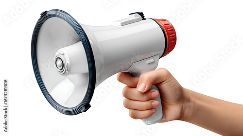 Megaphone in hand: A close-up captures the assertive hold of a hand gripping a megaphone, poised to amplify a voice, ready to broadcast a message in a display of communication.