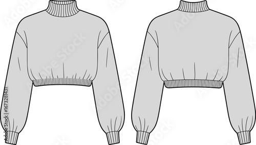 Cropped sweater technical fashion flat sketch, front and back view, balloon sleeve jumper, ribbed cuffs hem, relaxed fit apparel illustration