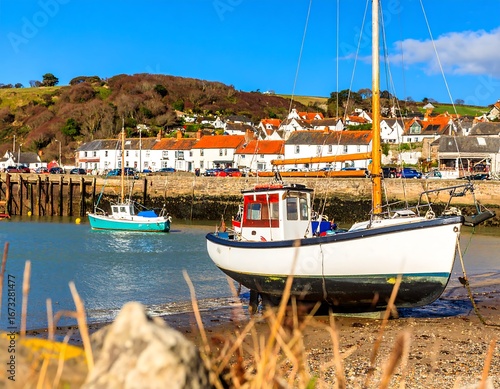 Coastal harbor scene with boats and houses
