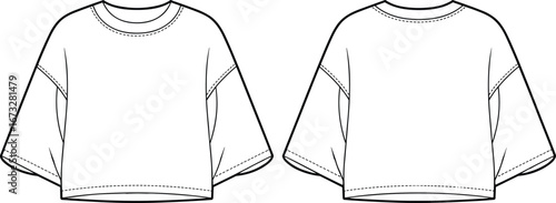 Fashion flat sketch of oversized crop t-shirt with wide sleeves, dropped shoulders, loose fit, sewing template, garment design, clothing illustration