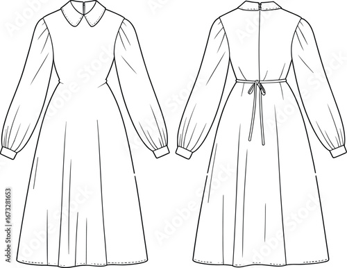 Long sleeve dress technical sketch, front and back view, Peter Pan collar, flared skirt, voluminous sleeves, fashion illustration, zipper back