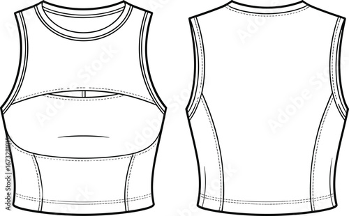 Women's sports crop top technical flat sketch, sleeveless athletic tank, fashion vector template, activewear apparel design, workout yoga gym wear