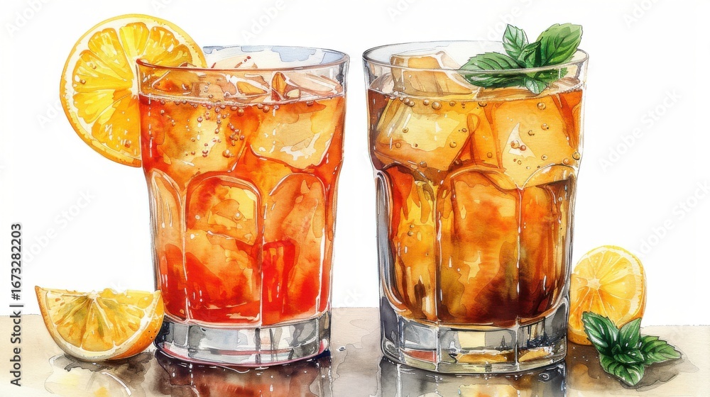 Fototapeta premium Refreshing Citrus Drinks with Ice and Garnish on a Bright Background
