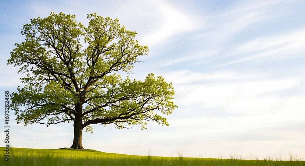 Obraz premium Majestic Oak Tree Standing Tall in a Lush Green Field Under a Clear Blue Sky with Ample Copy Space for Text