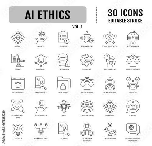 Ai ethics line Icon set. Containing fairness, transparency, data privacy, and more.  Editable stroke. Vector illustration