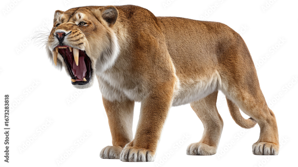 Obraz premium The Saber-Toothed Tiger's Roar: A digitally crafted image of the majestic saber-toothed tiger, showcasing its formidable roar and impressive features, a glimpse into a prehistoric realm.