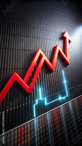 Red line graph on black background with upward arrow, symbolizing business growth, economic success, and financial progress. High-quality professional stock image for data an