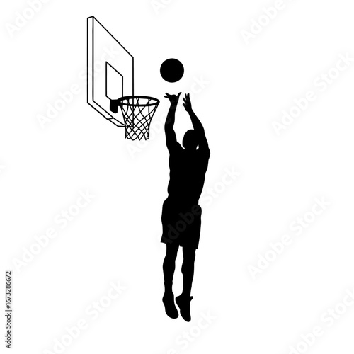 Silhouette of a basketball player shooting, dynamic sport action, game.