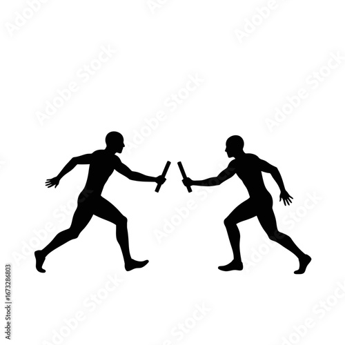 Dynamic relay race, athletes passing baton, teamwork, sports competition.