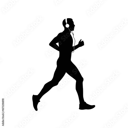 Active male silhouette running with headphones, fitness, sport, and music.