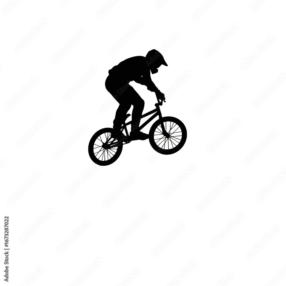 Fototapeta premium Dynamic black silhouette of a BMX rider mid-jump, ideal for sports themes.