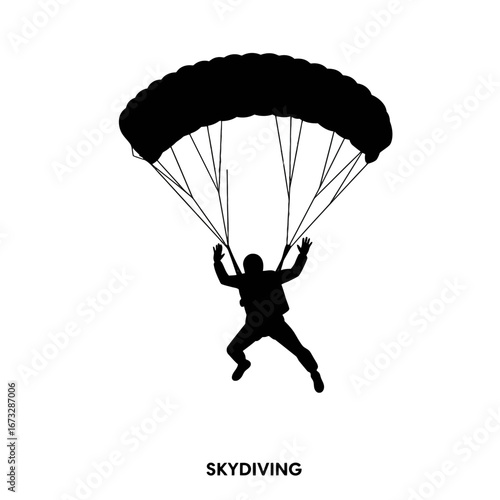 Minimalist skydiver silhouette with open parachute, extreme sport graphic.