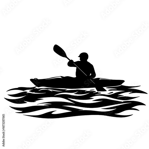 Kayak silhouette, paddling on waves. Outdoor adventure and sport graphic.