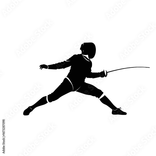 Dynamic silhouette of a fencer in an attacking lunge pose, sport.