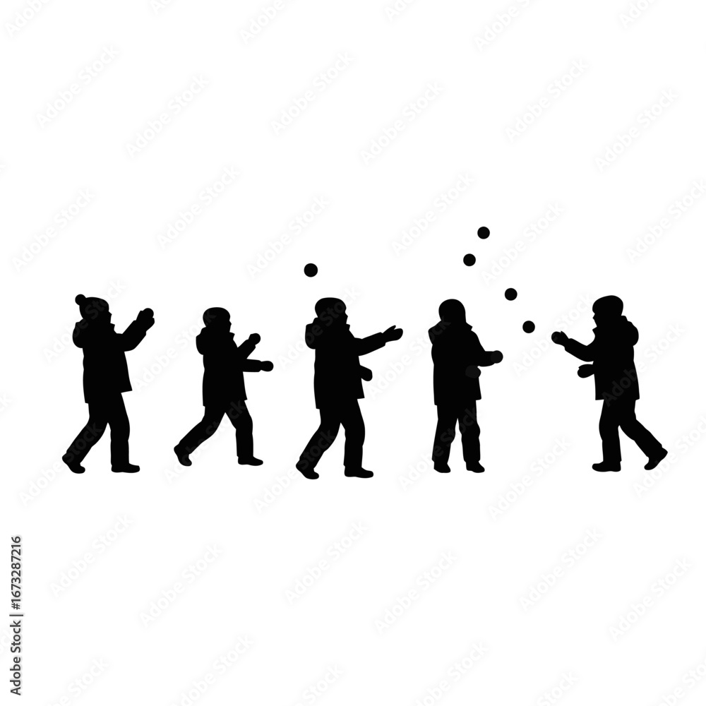 Fototapeta premium Happy children playing snowball fight, winter fun, vector silhouette.
