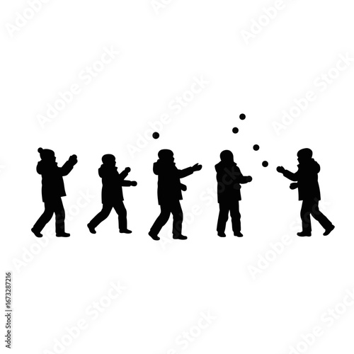 Happy children playing snowball fight, winter fun, vector silhouette.