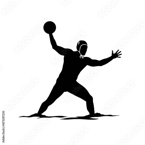 Black silhouette of a water polo player in dynamic action, minimalist design.