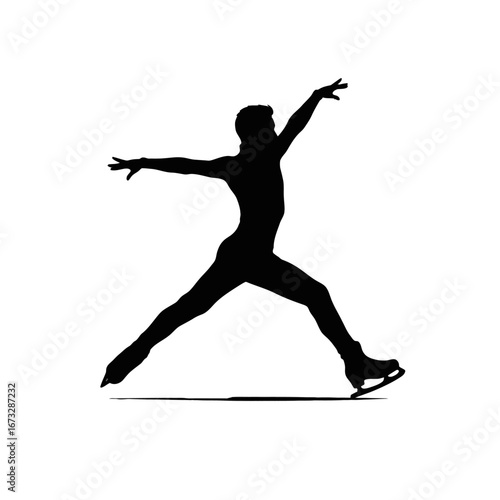 Graceful male figure skater silhouette in dynamic pose on ice.