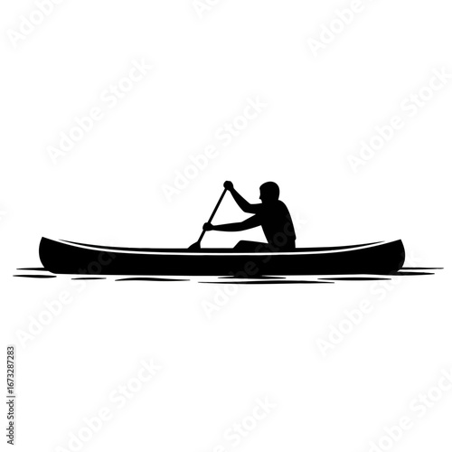 Minimalist black silhouette of a person paddling a canoe, isolated on white.