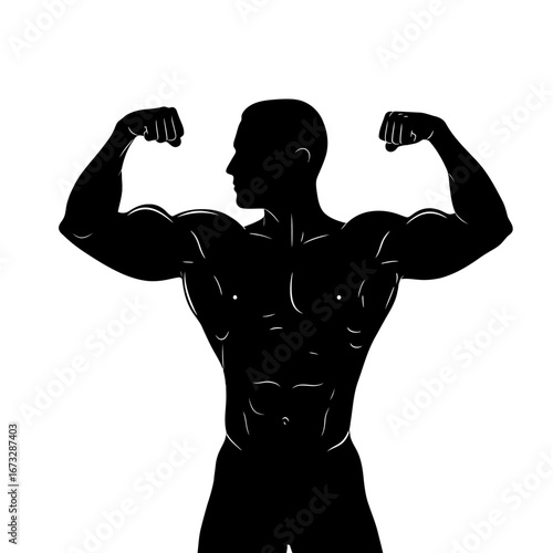Black silhouette of a muscular man flexing biceps, fitness icon.