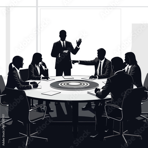 Dynamic business team meeting around conference table in modern office, bold leadership and collaboration