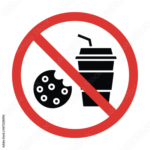 No food or drink allowed sign with cookie and beverage