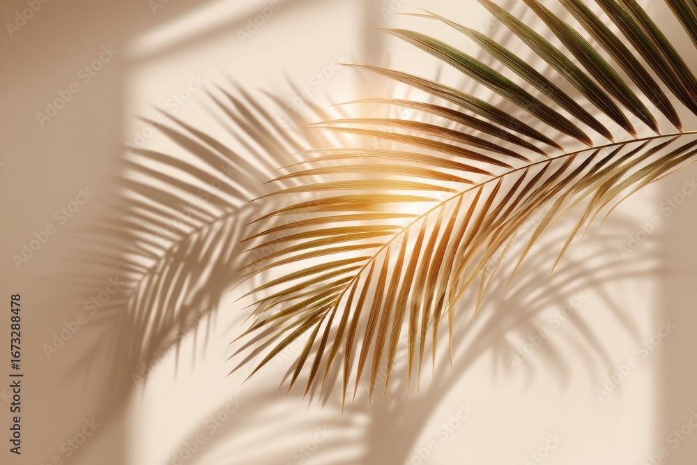 Fototapeta premium A palm frond casting a large, delicate shadow on a light tan wall, lit by soft, warm light emanating from the side