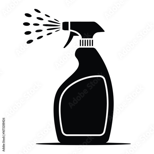 Black silhouette of a spray bottle dispensing liquid in a fine mist spray