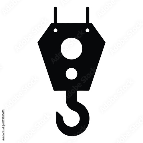 Industrial crane hook and pulley system depicted in a bold black silhouette