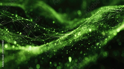 Glowing, green, abstract network of connected dots and lines, forming undulating waves against a dark background, soft-focus