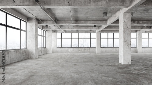 Vast architectural space with smooth concrete columns and diffused natural light, symmetrical and minimalist.