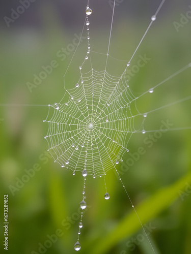 Closeup of beautiful lace of spider web covered by morning dew drops against blurry green background