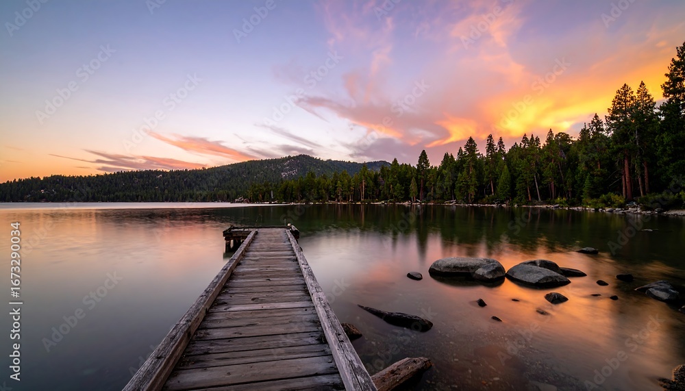 Obraz premium Tranquil sunset scenery over lake with wooden pier reflecting serene beauty
