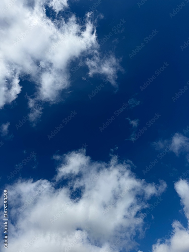 Fototapeta premium Blue sky and white puffy clouds vertical.