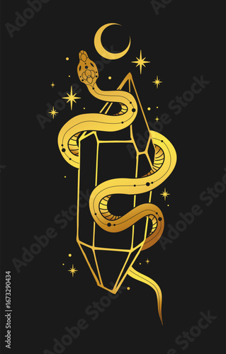 Boho magic poster with snake and crystal in trendy bohemian occult style. Black and gold colors. Can be used in poster art, tattoo art, t-shirt prints.
