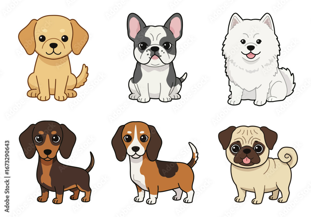 Naklejka premium Set of Cute Dogs element design. flat style illustration.