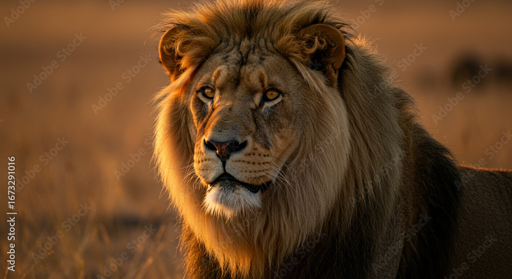 Obraz premium Majestic lion portrait bathed in golden hour light, capturing strength and wild beauty