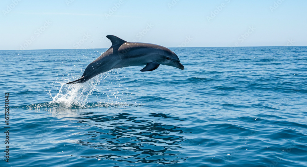 Fototapeta premium Dolphin leaping out of ocean water creating a splash, capturing aquatic beauty and freedom
