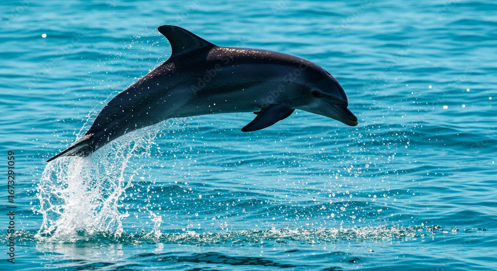 Obraz premium Dynamic dolphin leaping from ocean waves showcasing freedom and marine life beauty