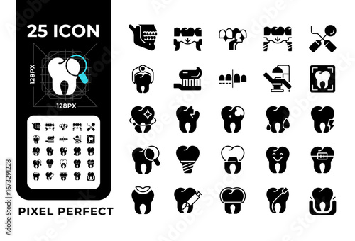 Dental pixel perfect glyphs iconset on negative space. Oral care, stomatology. Medical treatment, odontology. Cosmetic dentistry. Silhouettes symbols. Solid icons set. Vector isolated illustration