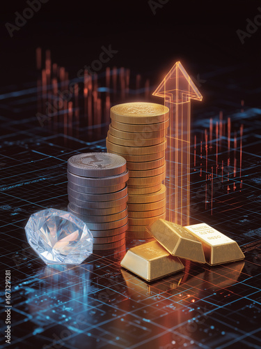 Gold silver diamond business investment stack coin gold bar.