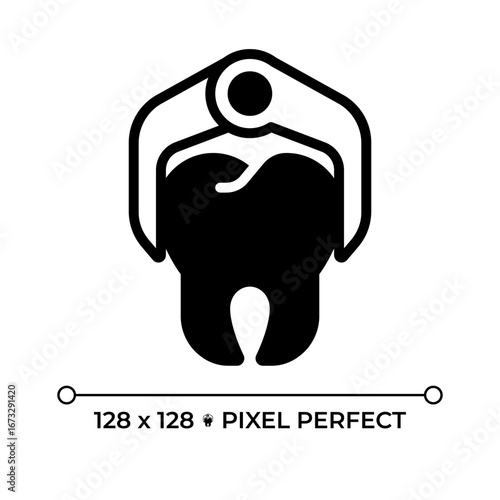 Dental surgery pixel perfect glyph solid icon. Tooth extraction procedure, instrument. Oral healthcare, stomatology. Black silhouette symbol on negative space. Vector isolated illustration