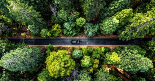 Car on a road bisects dense green treetops