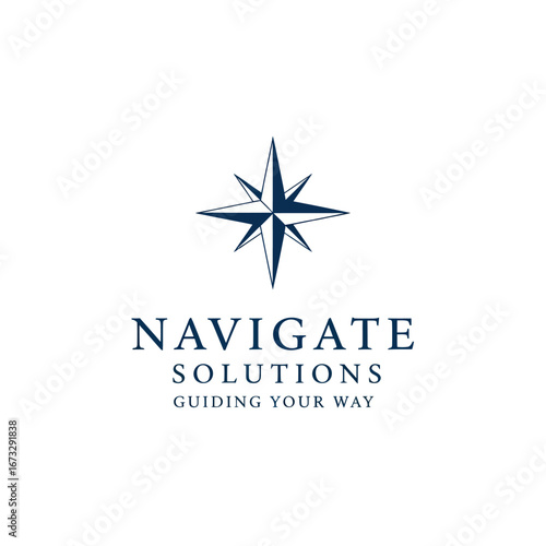 A professional business logo for Navigate Solutions, featuring a classic dark blue compass rose symbol above the company name and tagline.