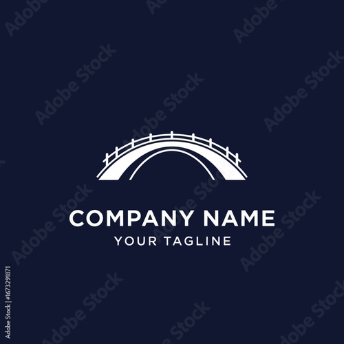 A clean, minimalist logo design featuring a white arched bridge icon on a dark blue background with placeholder text.