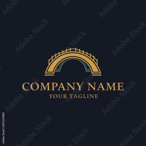 An elegant logo featuring a stylized golden arched bridge with a blue inner arch, above placeholder company text.